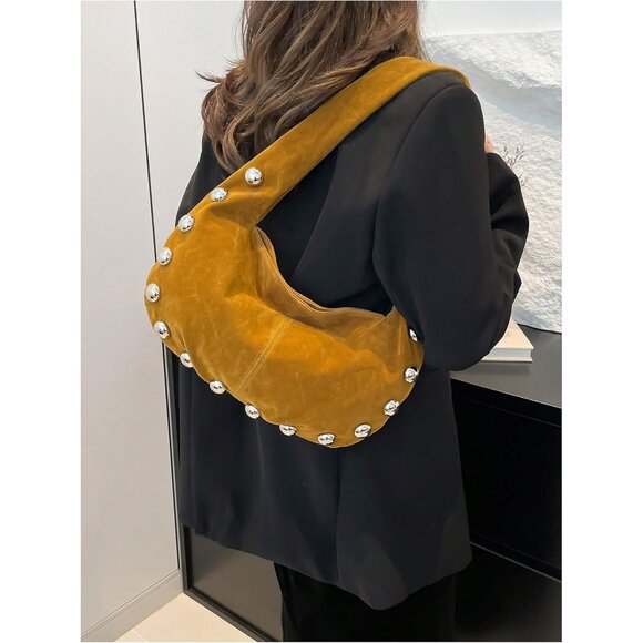 Compact Rivet Suede Underarm Bag - Top Handle Zipper Purse for All Occasions - Picture 3 of 6